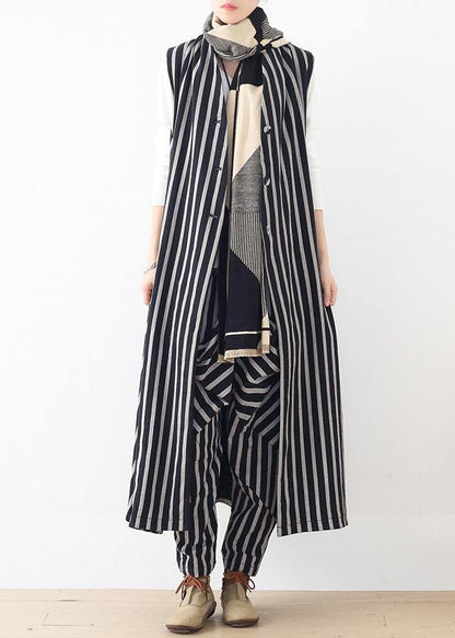 Original Design Loose Medium Length Beige Striped Vest Elastic Waist Breeches Suit