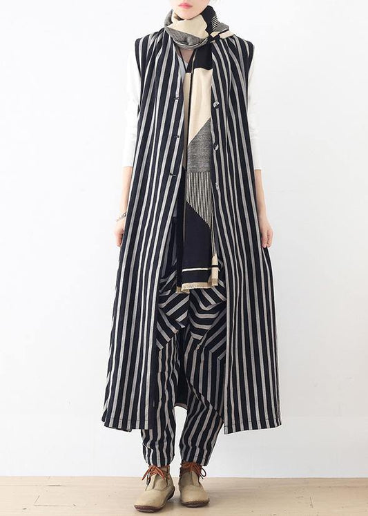 Original Design Loose Medium Length Beige Striped Vest Elastic Waist Breeches Suit