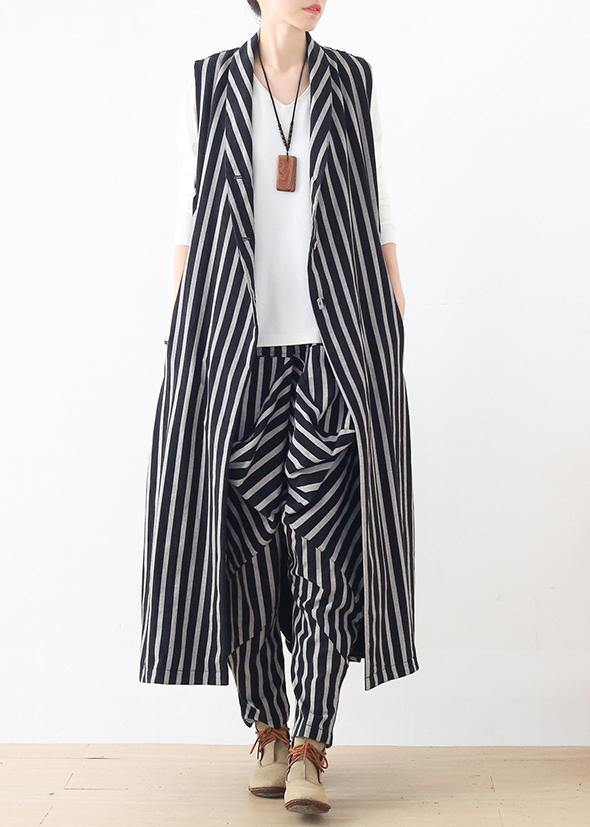 Original Design Loose Medium Length Beige Striped Vest Elastic Waist Breeches Suit