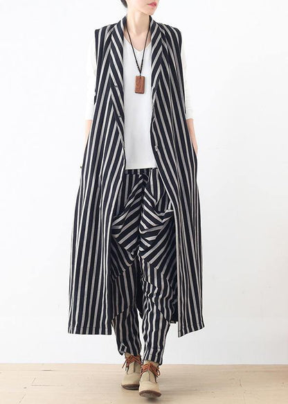 Original Design Loose Medium Length Beige Striped Vest Elastic Waist Breeches Suit