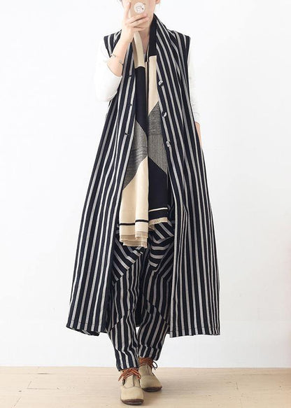 Original Design Loose Medium Length Beige Striped Vest Elastic Waist Breeches Suit