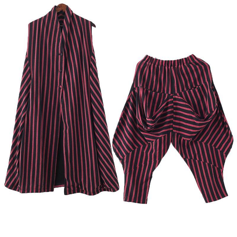 Original Design Loose Medium Length Beige Striped Vest Elastic Waist Breeches Suit