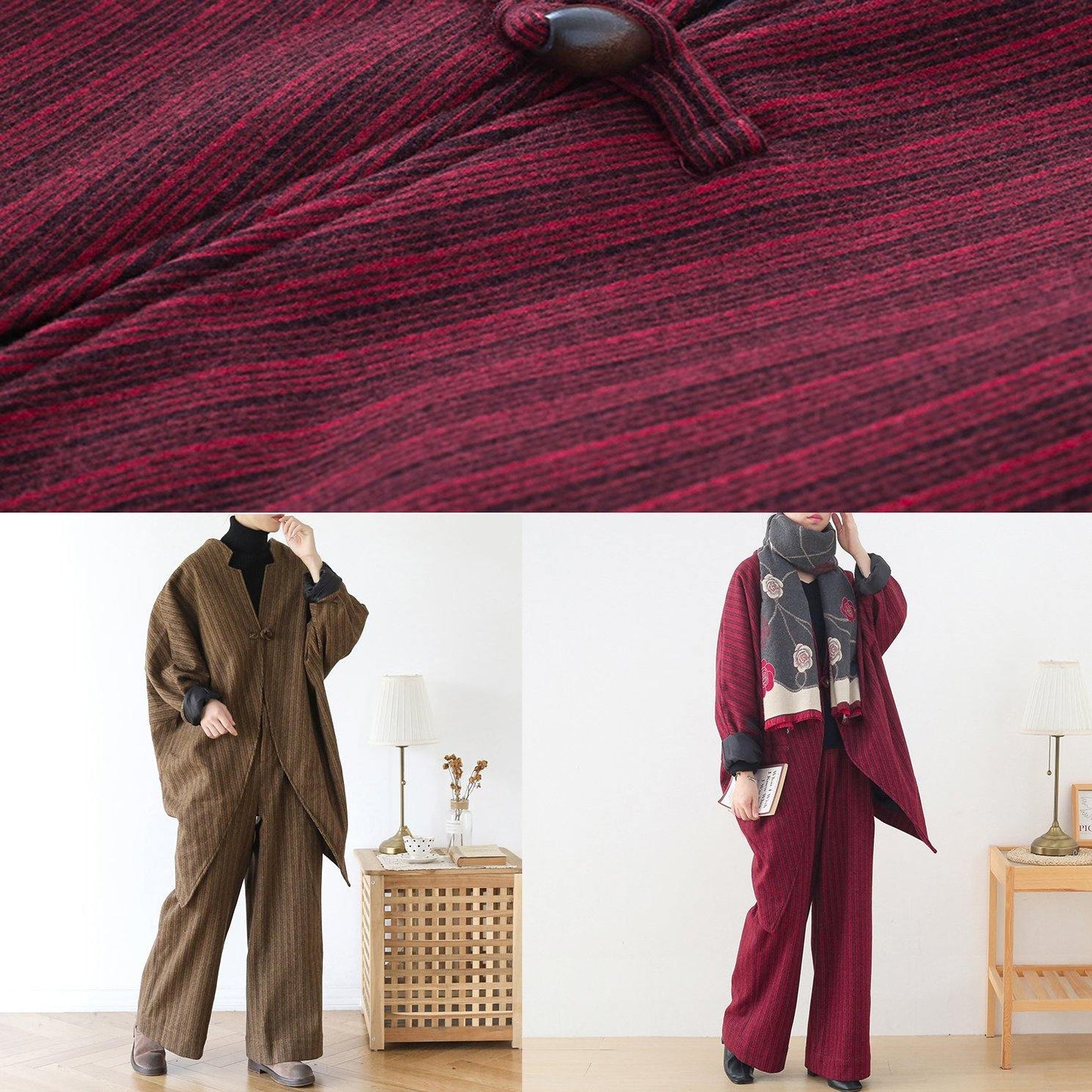 Original Design Red Woolen Suit Female Cocoon-shaped Irregular Mid-length Coat Autumn and Winter