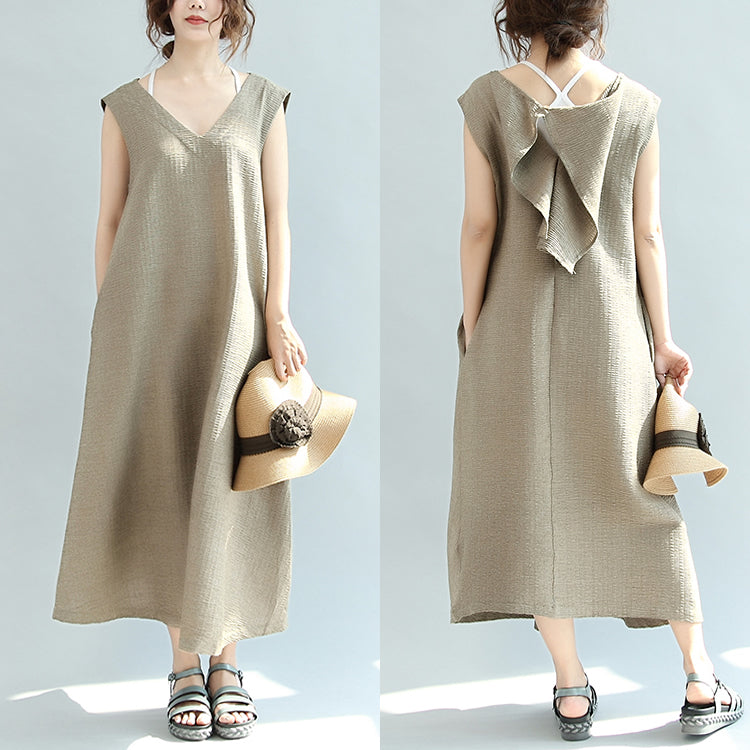Original Khaki Linen Dresses V Neck Sundress Sleeveless Maxi Dress
