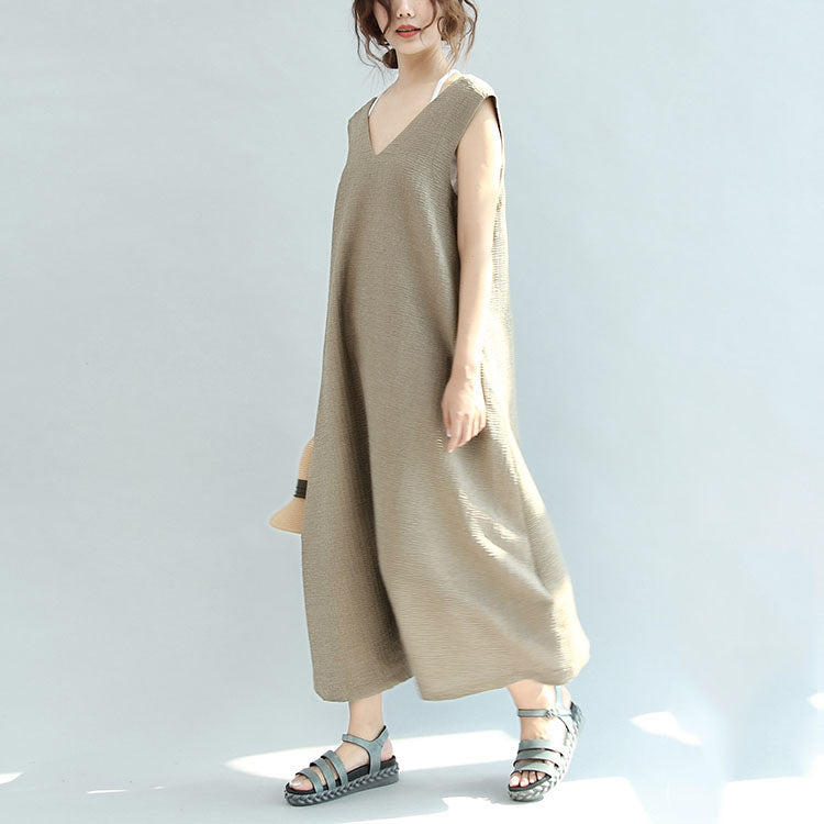 Original Khaki Linen Dresses V Neck Sundress Sleeveless Maxi Dress