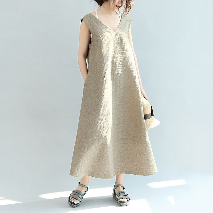 Original Khaki Linen Dresses V Neck Sundress Sleeveless Maxi Dress