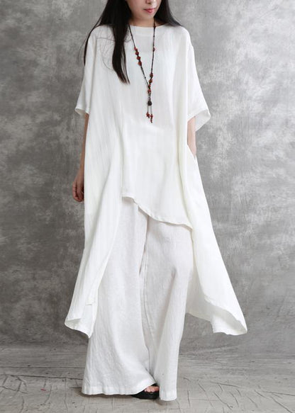 Original Large Size Irregular Cotton and Linen Suit Female Long Section Was Thin White Shirt Wild Wide-leg Pants