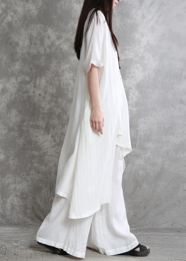 Original Large Size Irregular Cotton and Linen Suit Female Long Section Was Thin White Shirt Wild Wide-leg Pants