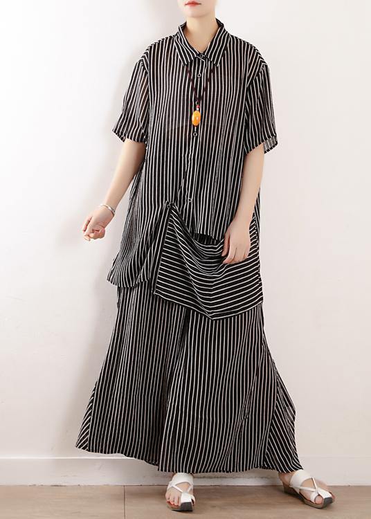 Original Literary Loose Large Size Gray Stripes Were Thin and Irregular Chiffon Wide-leg Pants Two-piece Suit