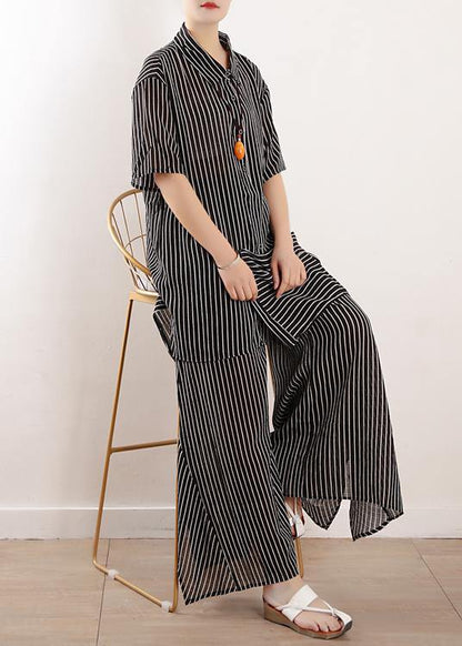Original Literary Loose Large Size Gray Stripes Were Thin and Irregular Chiffon Wide-leg Pants Two-piece Suit