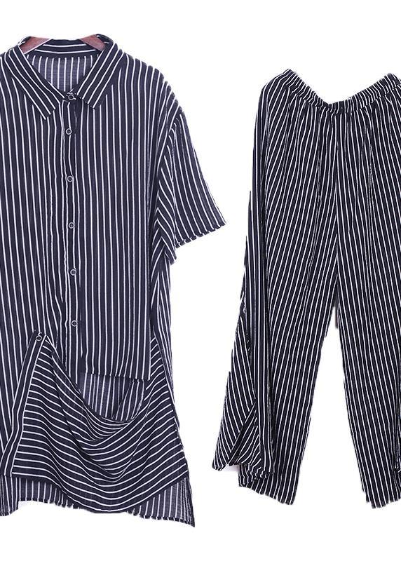 Original Literary Loose Large Size Gray Stripes Were Thin and Irregular Chiffon Wide-leg Pants Two-piece Suit