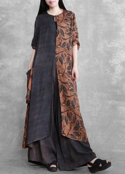 Original Splicing Large Size National Style Two Piece Suit Leisure Art Dark Gray Suit