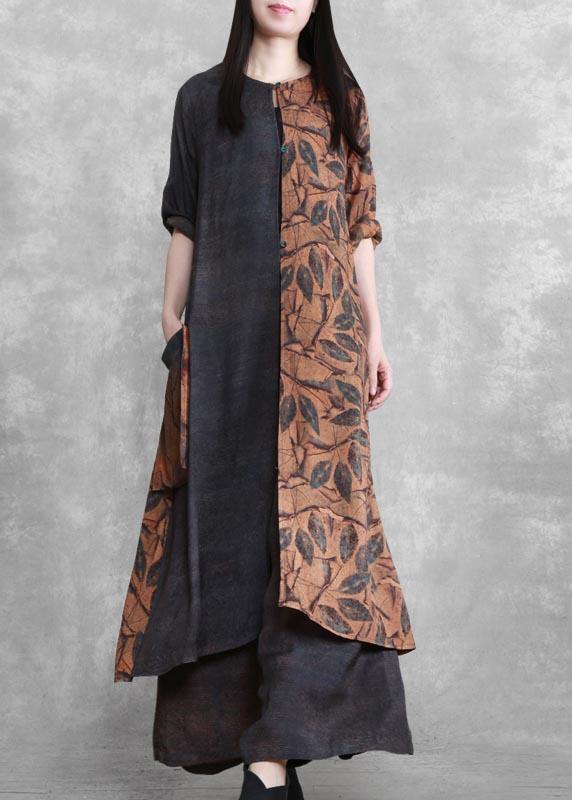 Original Splicing Large Size National Style Two Piece Suit Leisure Art Dark Gray Suit