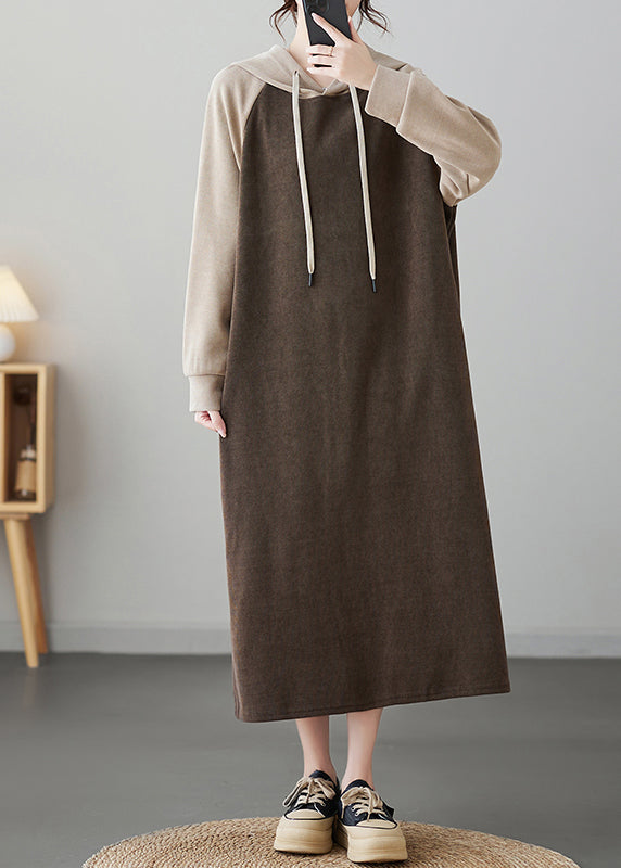 Oversized Coffee Patchwork Long Hooded Dresses Winter