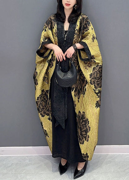 Oversized Yellow Print Patchwork Cotton Cardigan Batwing Sleeve