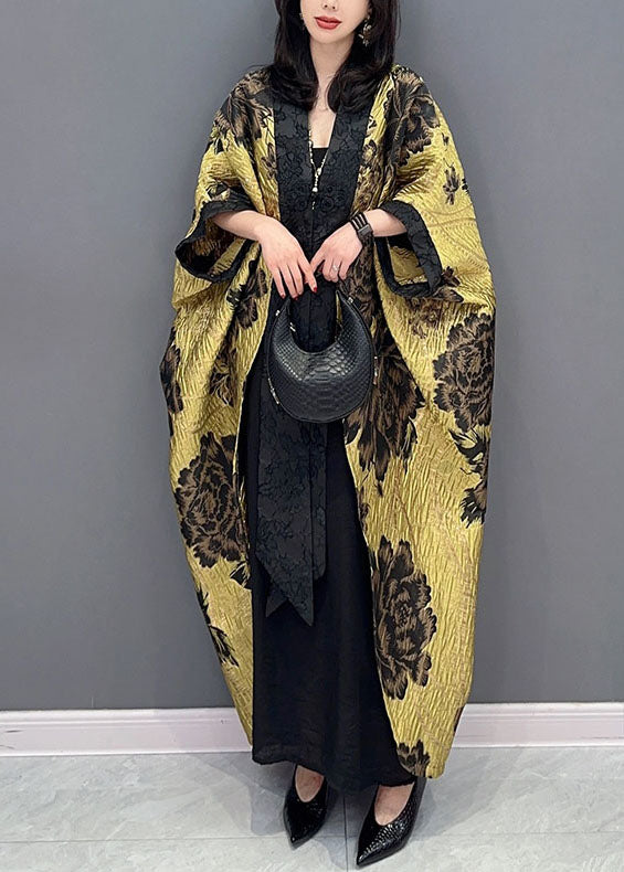 Oversized Yellow Print Patchwork Cotton Cardigan Batwing Sleeve