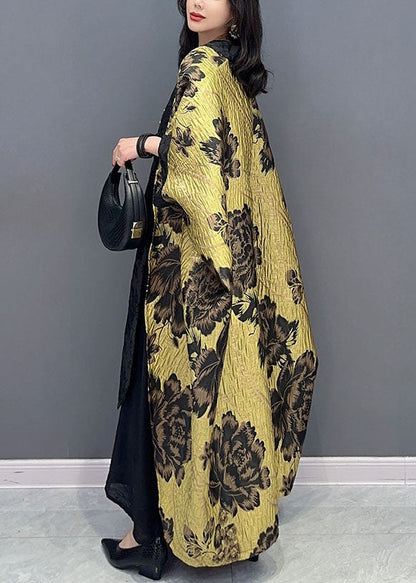 Oversized Yellow Print Patchwork Cotton Cardigan Batwing Sleeve