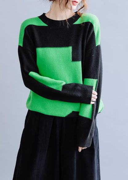 Oversized Black Patchwork Green Knitwear Oversize O Neck Knitted Pullover