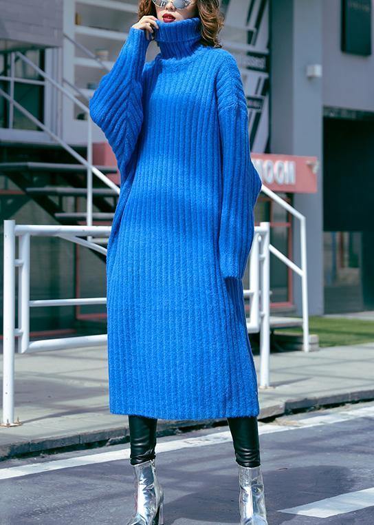 Oversized Blue Sweater Dresses Largo High Neck Tunic Fall Knit Dresses