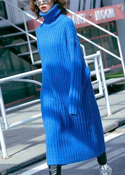 Oversized Blue Sweater Dresses Largo High Neck Tunic Fall Knit Dresses