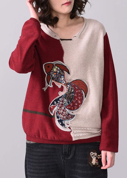 Oversized Fall Appliques Knitted Blouse O Neck Knitted Tops Red Patchwork Beige