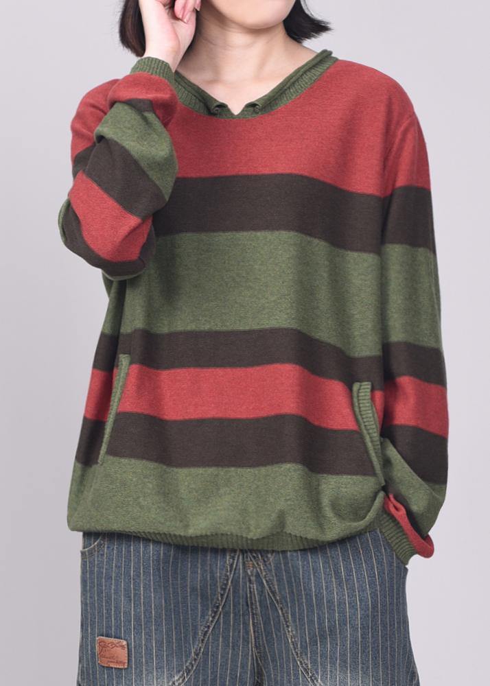 Oversized Green Striped Knit Tops Patchwork Sweaters V Neck