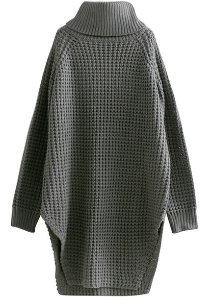 Oversized High Neck Side Open Sweater Aesthetic Gray Daily Knit Dress