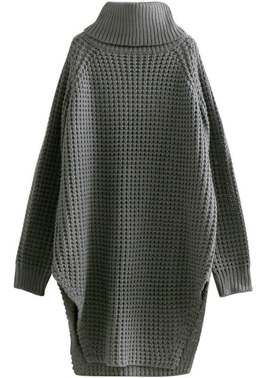 Oversized High Neck Side Open Sweater Aesthetic Gray Daily Knit Dress