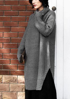 Oversized High Neck Side Open Sweater Aesthetic Gray Daily Knit Dress