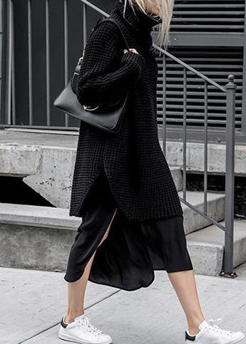 Oversized High Neck Side Open Sweater Aesthetic Gray Daily Knit Dress