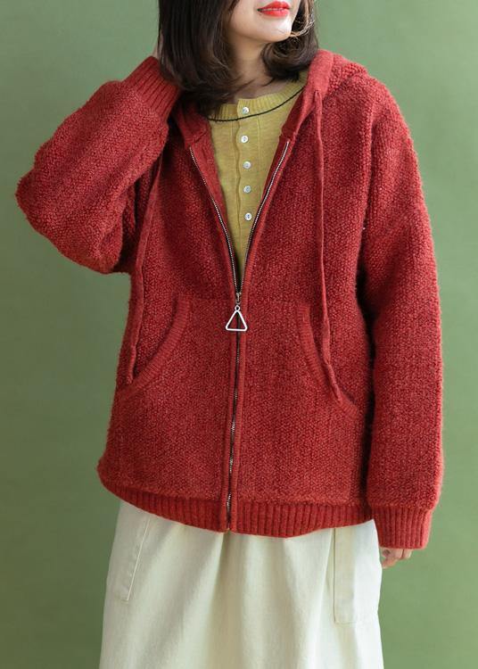 Oversized Knit Outwear Oversize Red Hooded Knitted Jackets