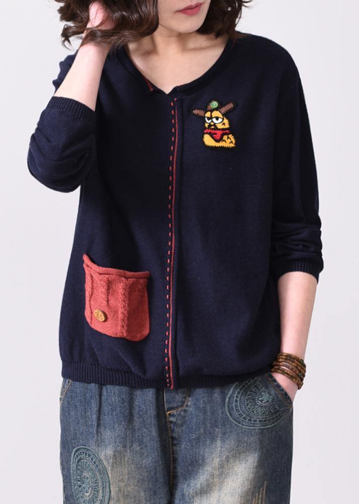 Oversized Navy Autumn Sweater Fall V Neck Knit Tops Appliques