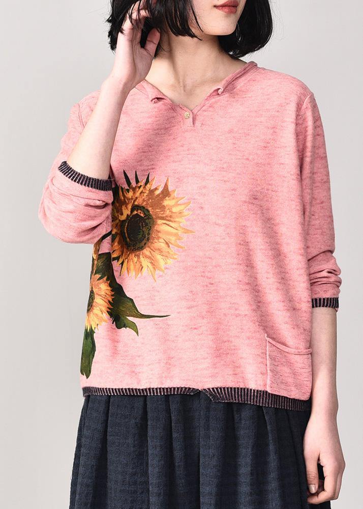 Oversized Pink Prints Knitted T Shirt Fall Long Sleeve Knitwear V Neck