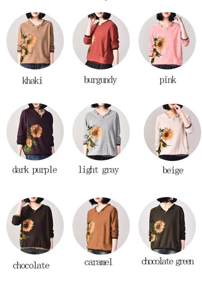 Oversized Pink Prints Knitted T Shirt Fall Long Sleeve Knitwear V Neck