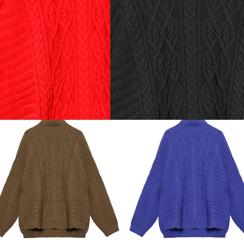 Oversized Red Letter Knitted T Shirt High Neck Side Open Knitted Blouse