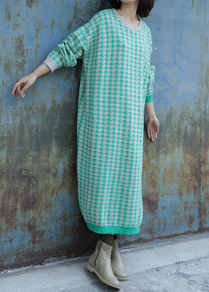 Oversized Side Open Sweater O Neck Wardrobes Largo Green Plaid Baggy Knit Dresses