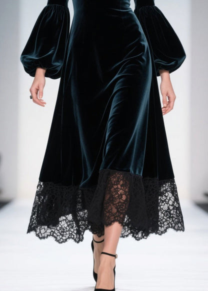 Peacock Blue Patchwork Lace Silk Velvet Evening Dresses Lantern Sleeve