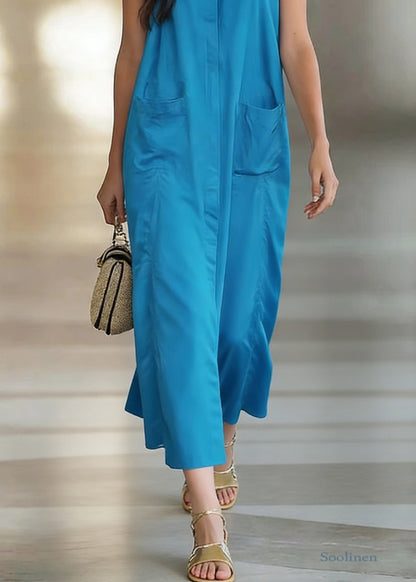 Peacock Blue Pockets Cotton Long Dress O Neck Sleeveless