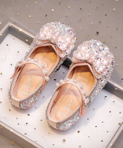 Pink Buckle Strap Flat Shoes Bow Zircon for Kids