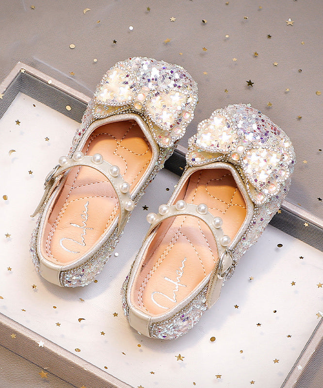 Pink Buckle Strap Flat Shoes Bow Zircon for Kids