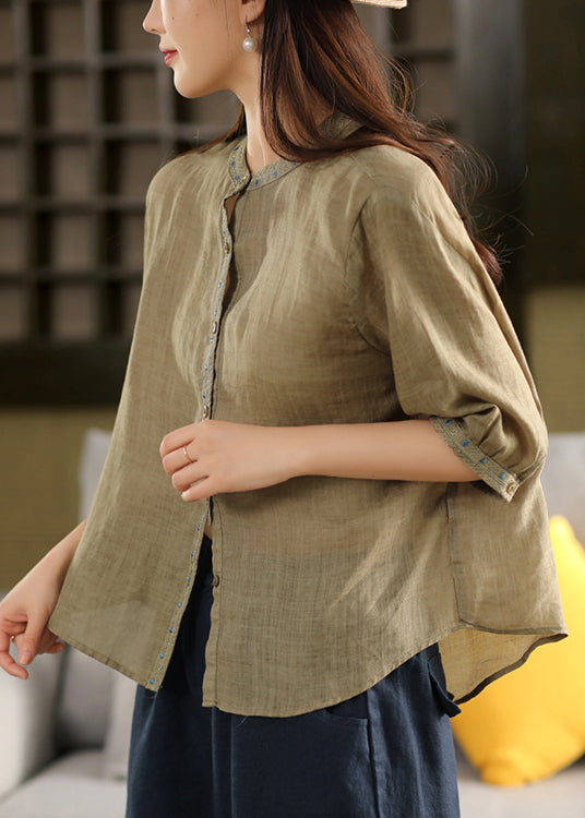 Pink Button Linen Blouse Embroidered Summer