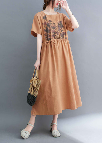 Pink Cotton Cinch Dresses O-neck Tie Waist Short Sleeve