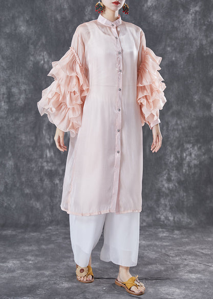 Pink Chiffon Upf 50+ Long Shirt Stand Collar Oversized Petal Sleeve