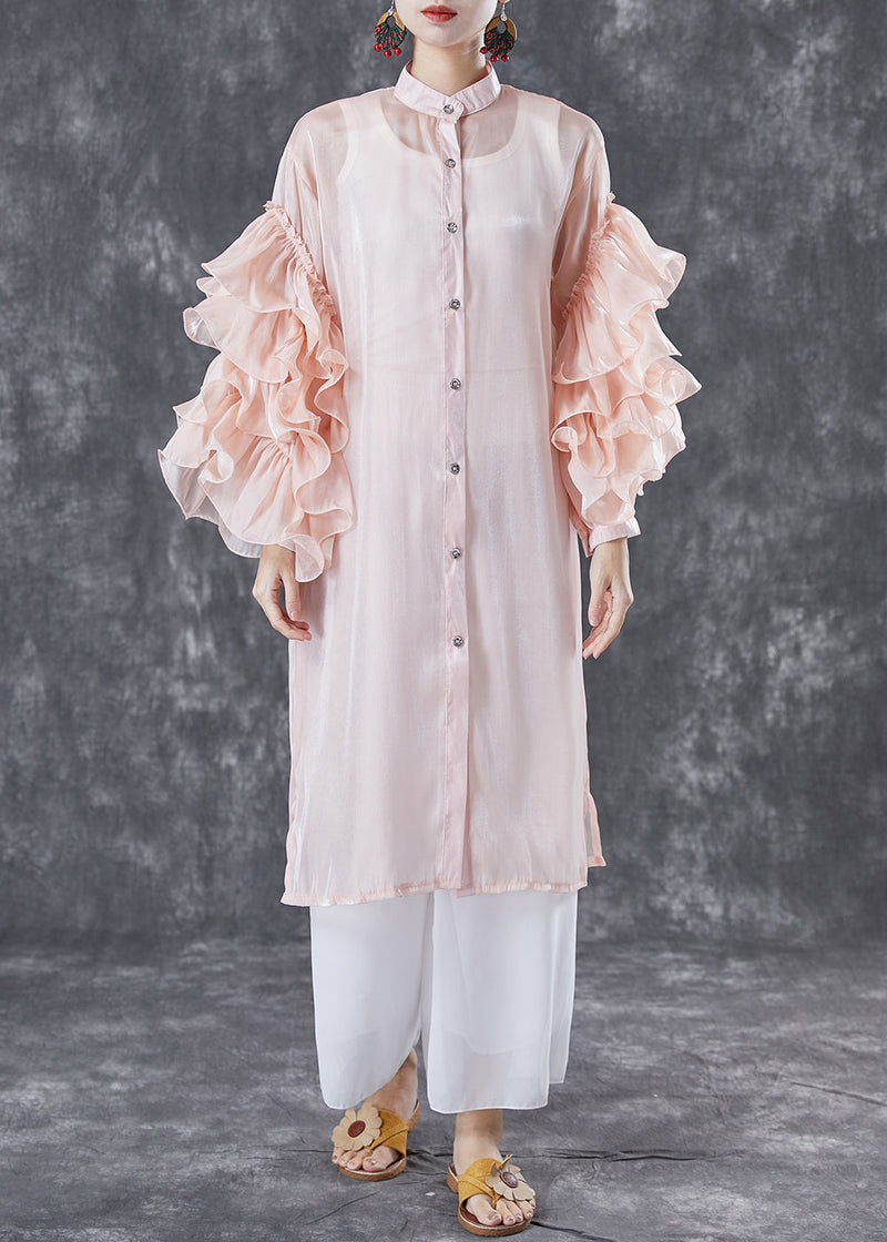 Pink Chiffon Upf 50+ Long Shirt Stand Collar Oversized Petal Sleeve