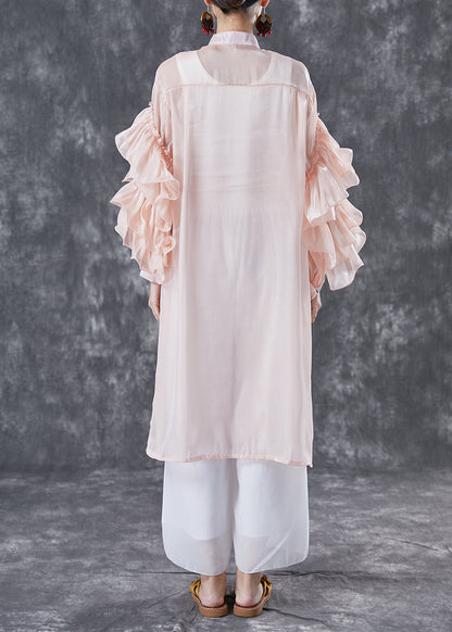 Pink Chiffon Upf 50+ Long Shirt Stand Collar Oversized Petal Sleeve