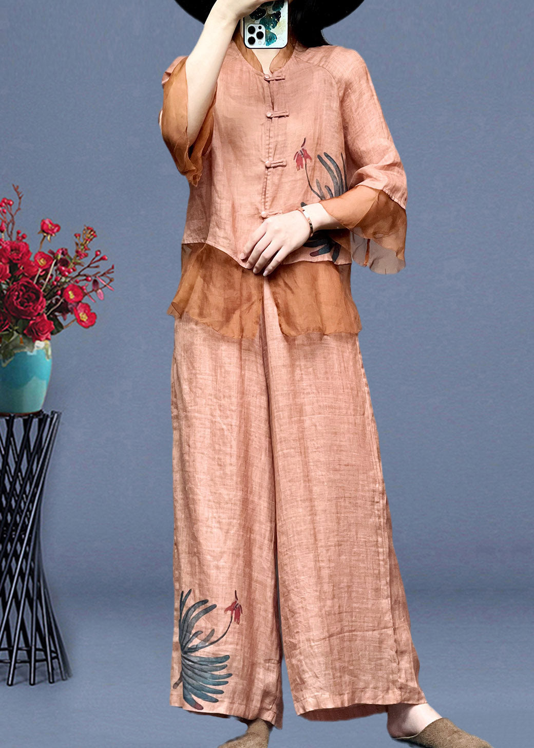 Pink Embroideried Button Linen Shirts and Wide Leg Pants Linen Summer