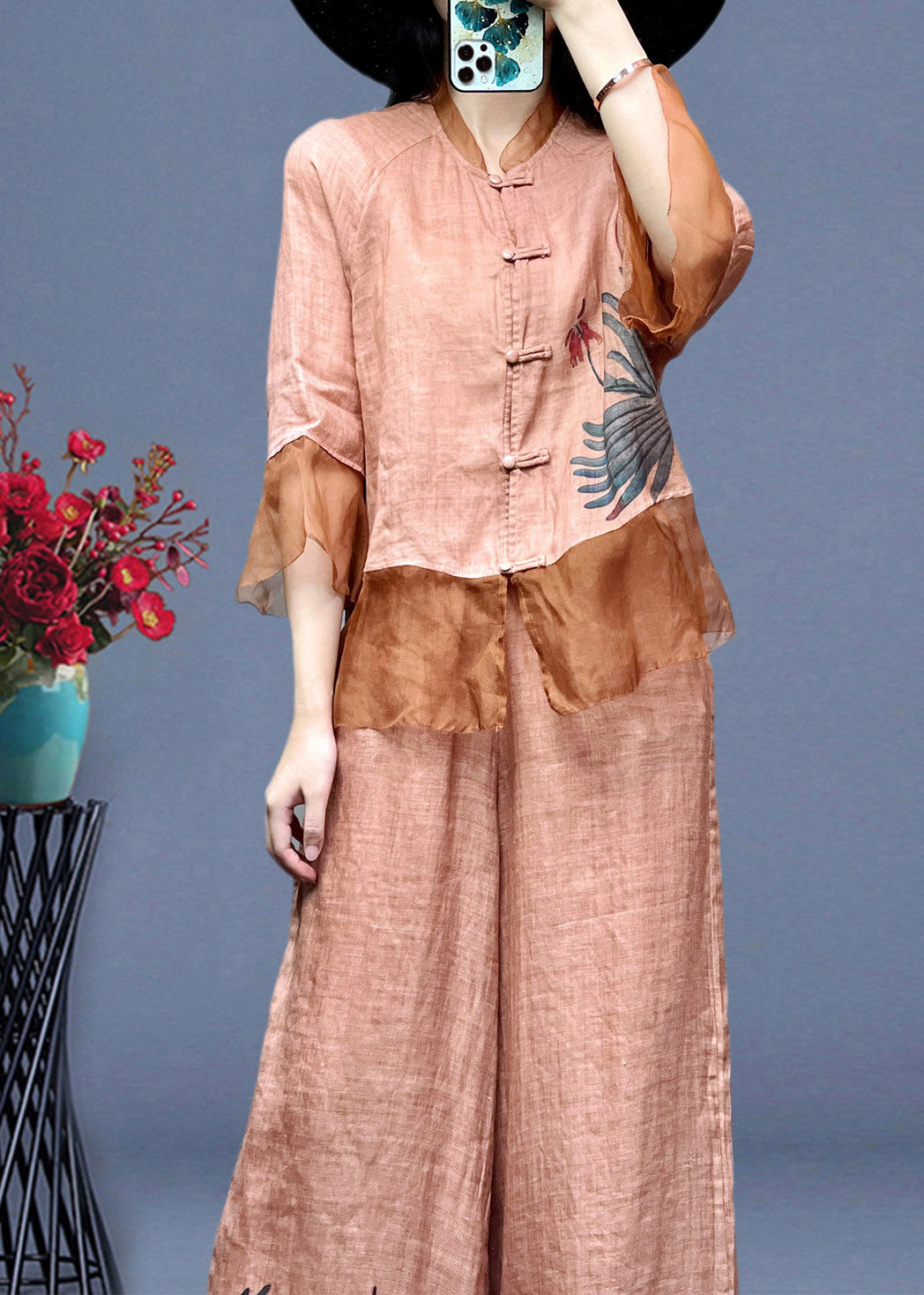 Pink Embroideried Button Linen Shirts and Wide Leg Pants Linen Summer