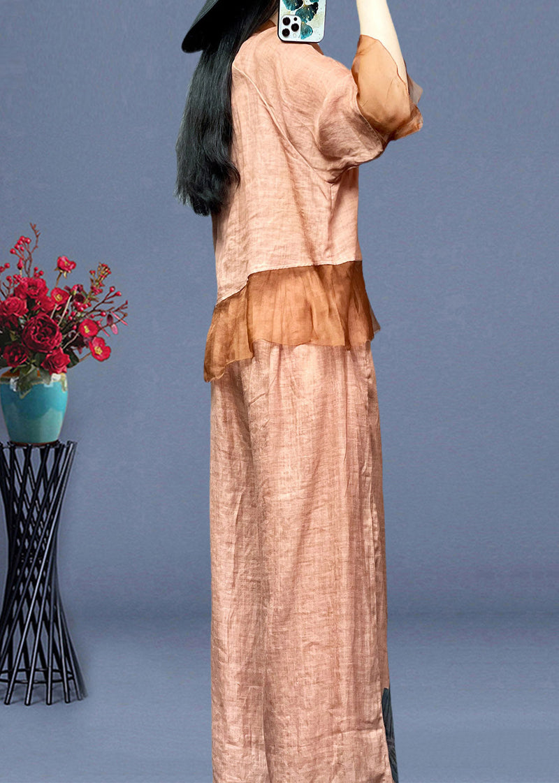 Pink Embroideried Button Linen Shirts and Wide Leg Pants Linen Summer