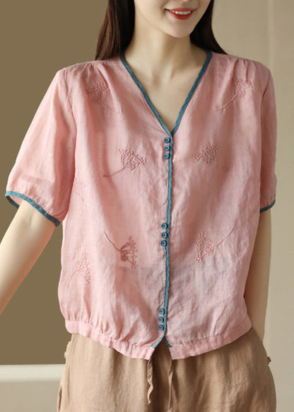 Pink Embroideried Patchwork Ramie Shirts Short Sleeve