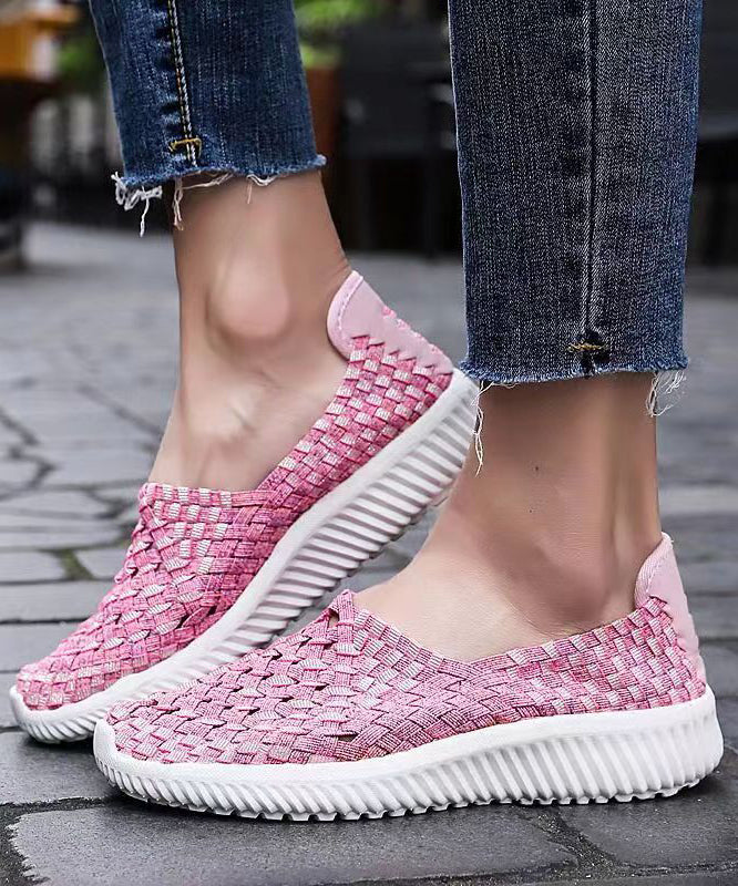 Pink Flat Shoes Knit Fabric Handmade Splicing Soolinen Shoes-20251